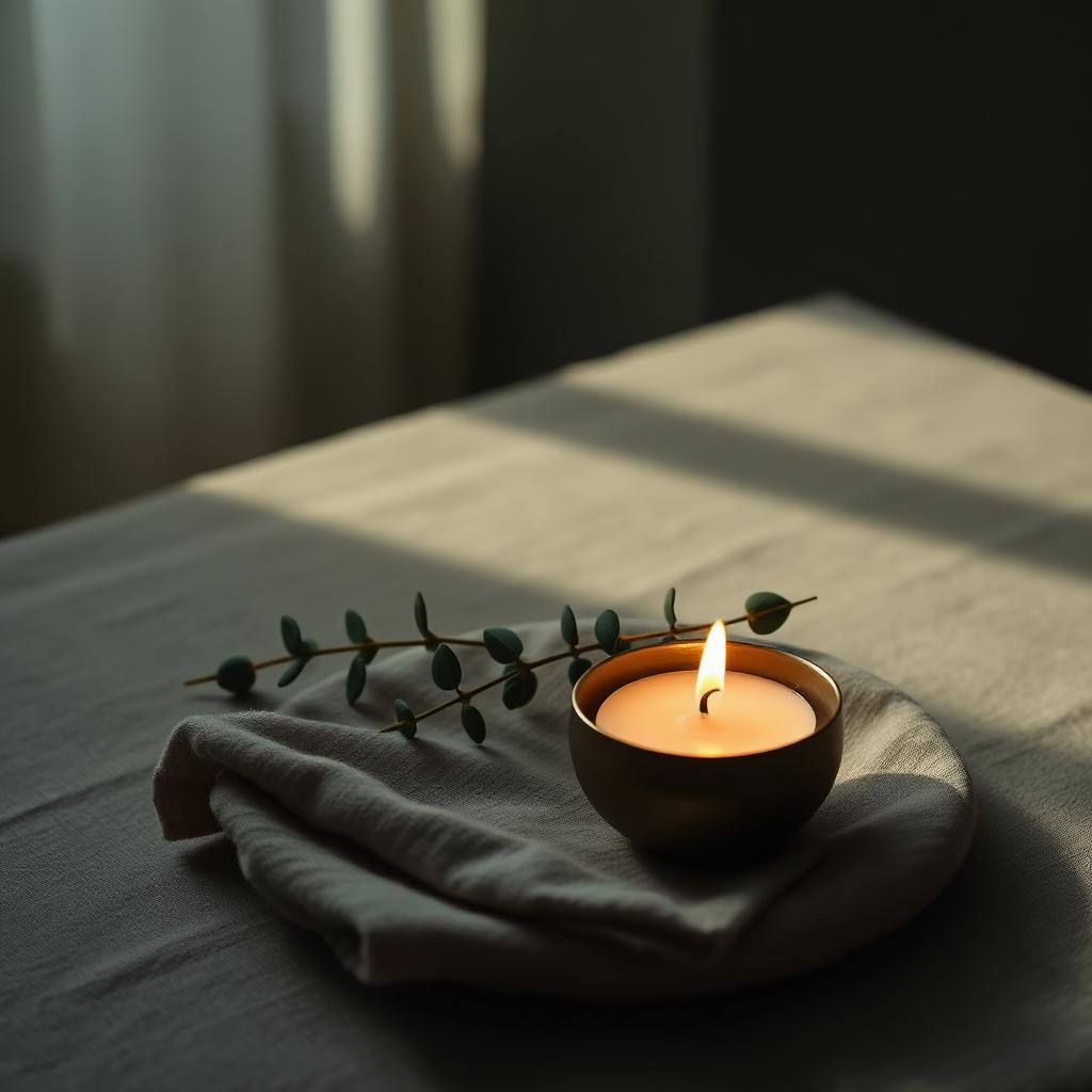 A single lit candle beside a sprig of eucalyptus