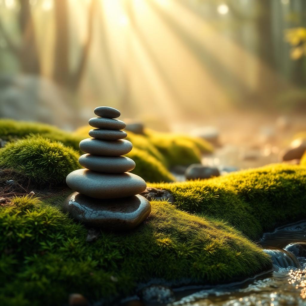 Balanced stones on soft green moss at dawn