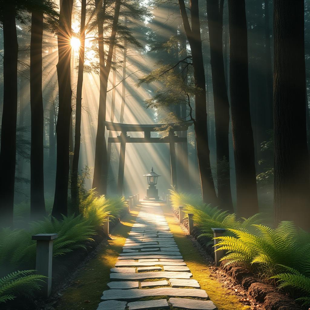 Misty forest path leading to a stone lantern