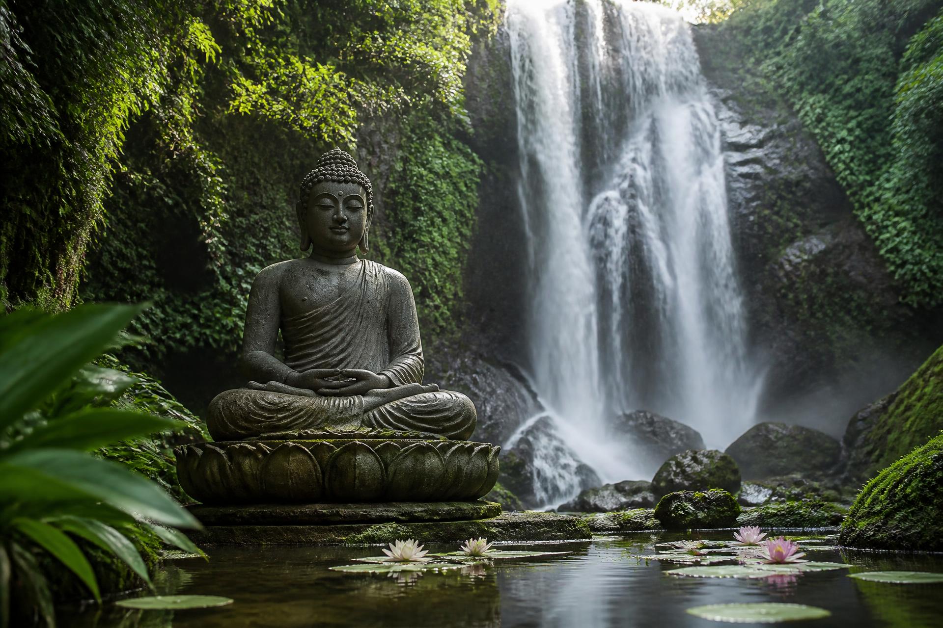 A peaceful stone Buddha seated on a lotus at the base of a forest waterfall, framed by lush greenery and soft golden light